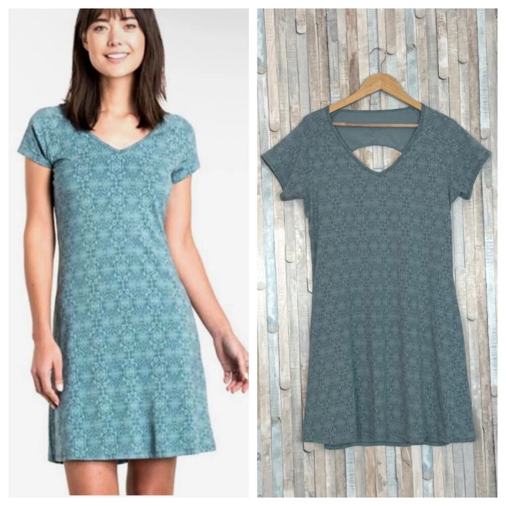 KUHL Women’s Blue Short Sleeve Oriana Dress Size M Open Back Travel Beach Nature